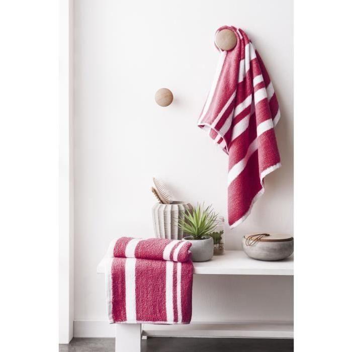 FINLANDEK Set de 2 Serviettes de toilette KYLPY 50x100 cm rayures framboise et blanc