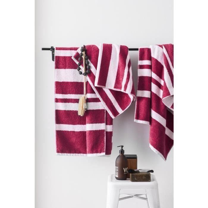 FINLANDEK Set de 2 Draps de douche 70x140 cm + 1 Serviette 50x100 cm KYLPY rayures framboise et blanc