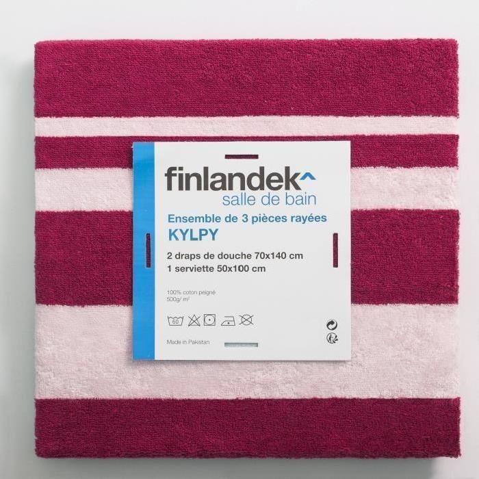 FINLANDEK Set de 2 Draps de douche 70x140 cm + 1 Serviette 50x100 cm KYLPY rayures framboise et blanc