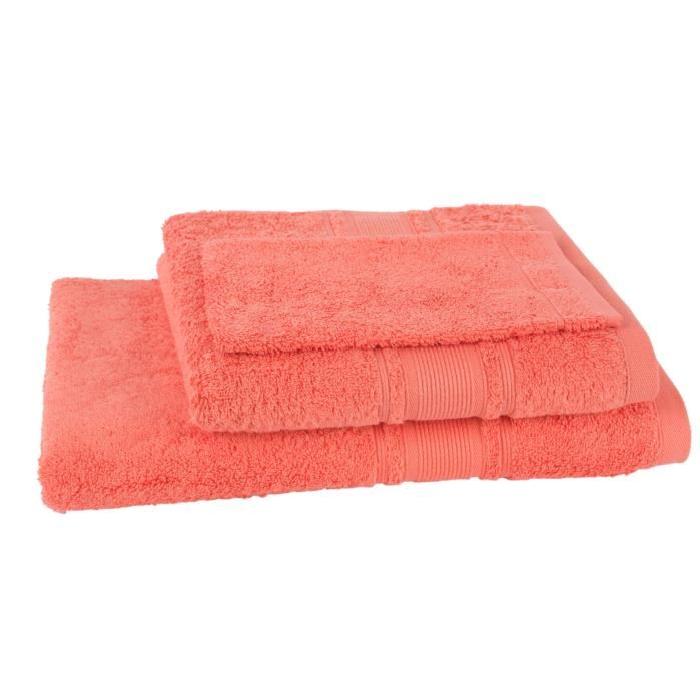 JULES CLARYSSE Lot de 1 serviette + 1 drap de bain + 1 gant de toilette ROYALE - Corail