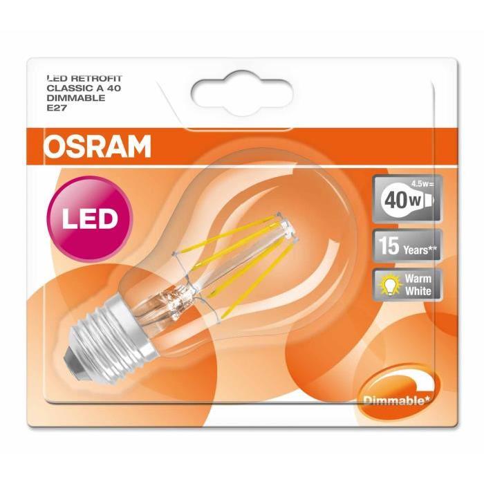 OSRAM Ampoule filament LED E27 5 W équivalent a 40 W blanc chaud dimmable variateur