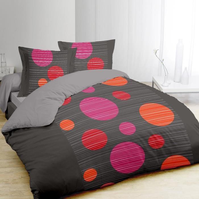 VISION Parure de couette BULLES 10% coton - 1 housse de couette 220x240cm + 2 taies 65x65cm - Gris, orange et fushia