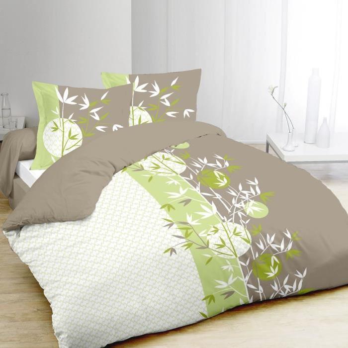 VISION Parure de couette ZENYA 100% Coton - 1 housse de couette 220x240 cm + 2 taies d'oreiller 65x65 cm marron, vert et blanc