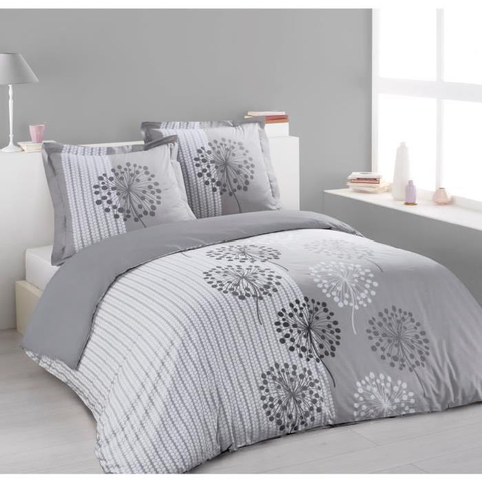 VISION Parure de couette ANNA 100% coton - 1 Housse de couette 240x260cm + 2 taies d'oreiller 65x65cm - Gris et blanc