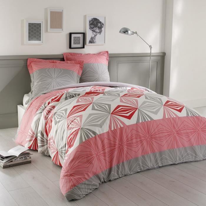 VISION Parure de couette LOUISE 100% coton - 1 housse de couette 220x240cm + 2 taies 65x65cm - blanc, gris, rose et rouge