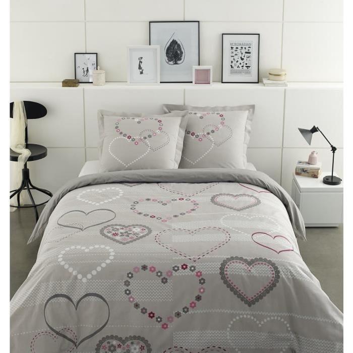 VISION Parure de couette VALENTINE 100% Coton - 1 housse de couette 220x240cm + 2 taies d'oreillers 65x65cm - Gris et rose