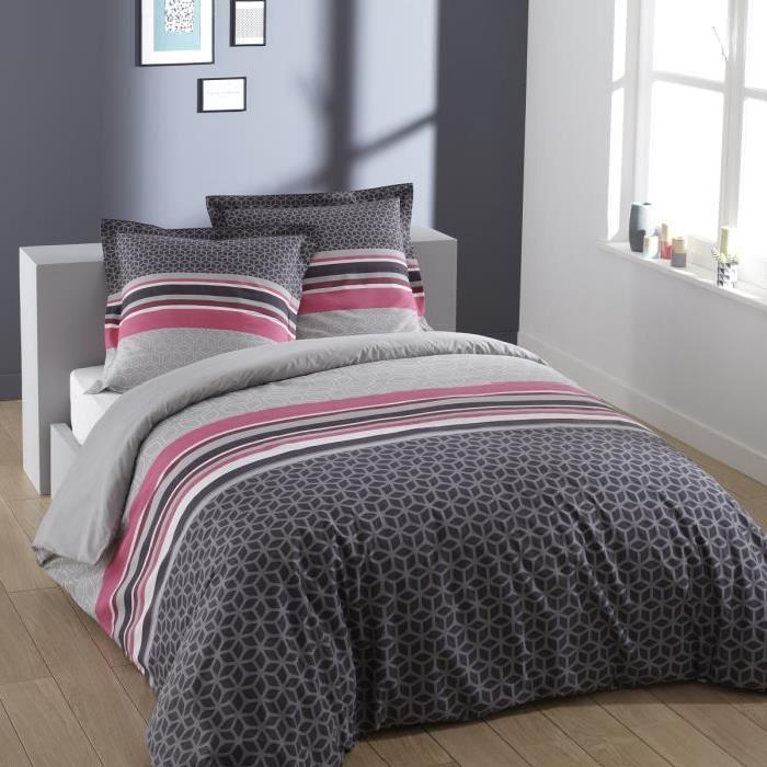 VISION Parure de couette LISA 100% Coton - 1 housse de couette 220x240 cm + 2 taies d'oreiller 65x65 cm gris et rose