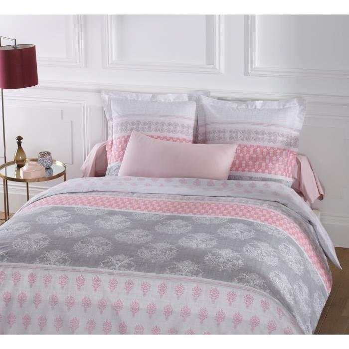 VISION Parure de couette ROMANE 100% coton - 1 housse de couette 220x240 cm + 2 taies d'oreiller 65x65 cm blanc et rose