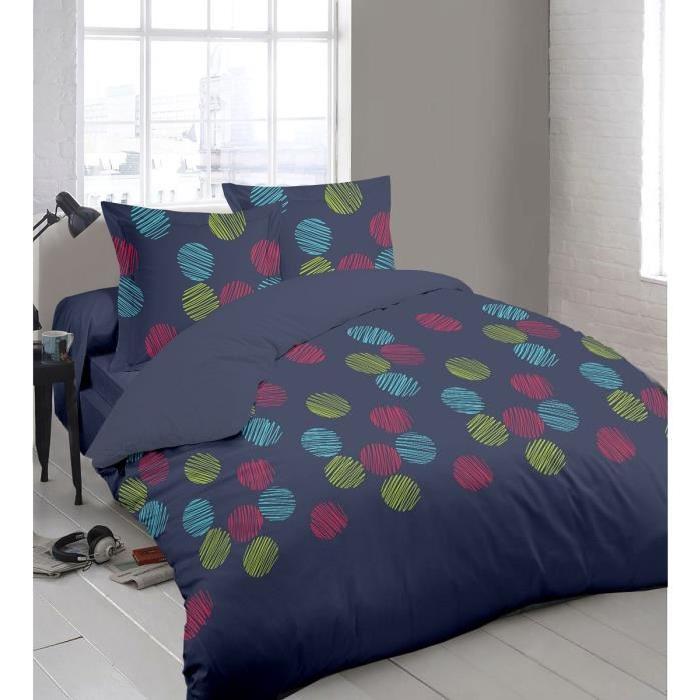 VISION Parure de couette POPSY 100% coton - 1 housse de couette 240x260 cm + 2 taies 65x65 cm marine, turquoise et fuchsia