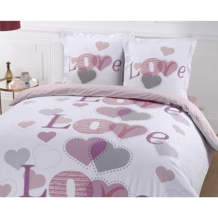 VISION Parure de couette JULIETTE 100% coton - 1 housse de couette 220x240 cm + 2 taies d'oreiller 65x65 cm blanc, rose et