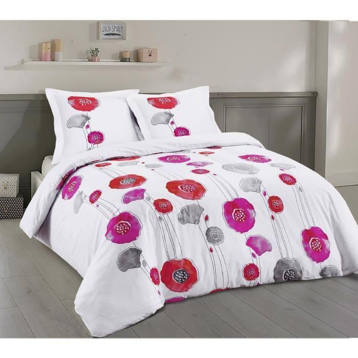 VISION Parure de couette LIDY 100% coton - 1 housse de couette 240x260 cm + 2 taies d'oreiller 65x65 cm blanc, rouge, gris et