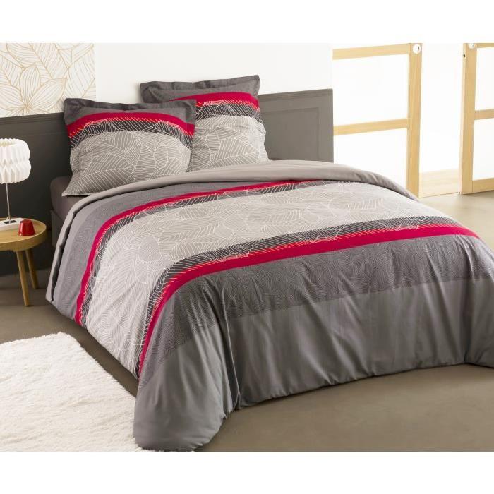 VISION Parure de couette ALFRED 100% coton - 1 housse de couette 220x240 cm + 2 taies d'oreillers 65x65 cm gris, rouge et