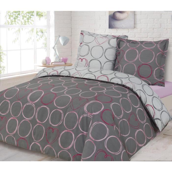 VISION Parure de couette 100% coton Fanny - 1 housse de couette 220x240cm + 2 taies d'oreillers 65x65 cm gris et rose