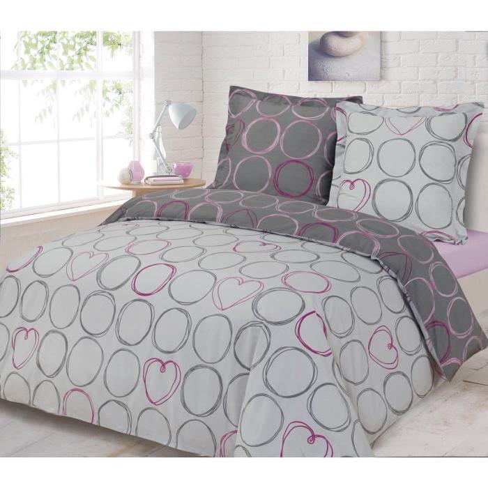 VISION Parure de couette 100% coton Fanny - 1 housse de couette 220x240cm + 2 taies d'oreillers 65x65 cm gris et rose