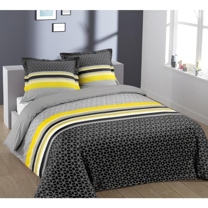 VISION Parure de couette 100% Coton LISA - 1 housse de couette 140x200 cm + 1 taie d'oreiller 65x65 cm jaune et gris