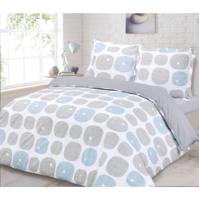 VISION Parure de couette 100% Coton ULYSSE - 1 housse de couette 220x240 cm + 2 taies d'oreillers 65x65 cm blanc, gris et bleu