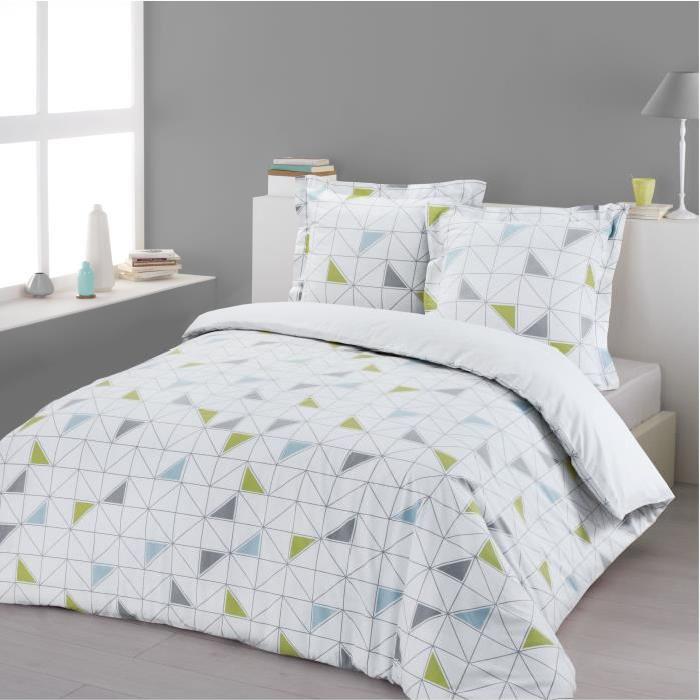 VISION Parure de couette 100% Coton - 1 housse de couette 240x260 cm + 2 taies d'oreillers 65x65 cm blanc, gris, bleu et vert