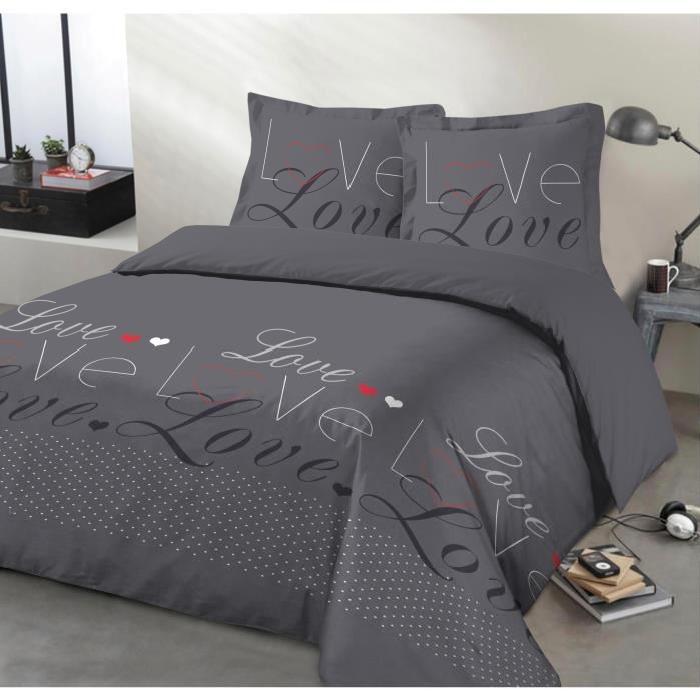 VISION Parure de couette 100% Coton LOVE - 1 housse de couette 220x240 cm + 2 taies d'oreillers 65x65 cm anthracite, blanc et