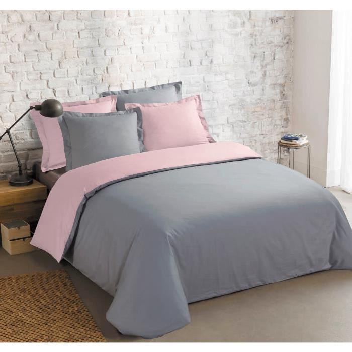 VISION Parure de couette 100% coton - 1 housse de couette 200x200 cm + 2 taies d'oreiller 65x65 cm gris et vieux rose