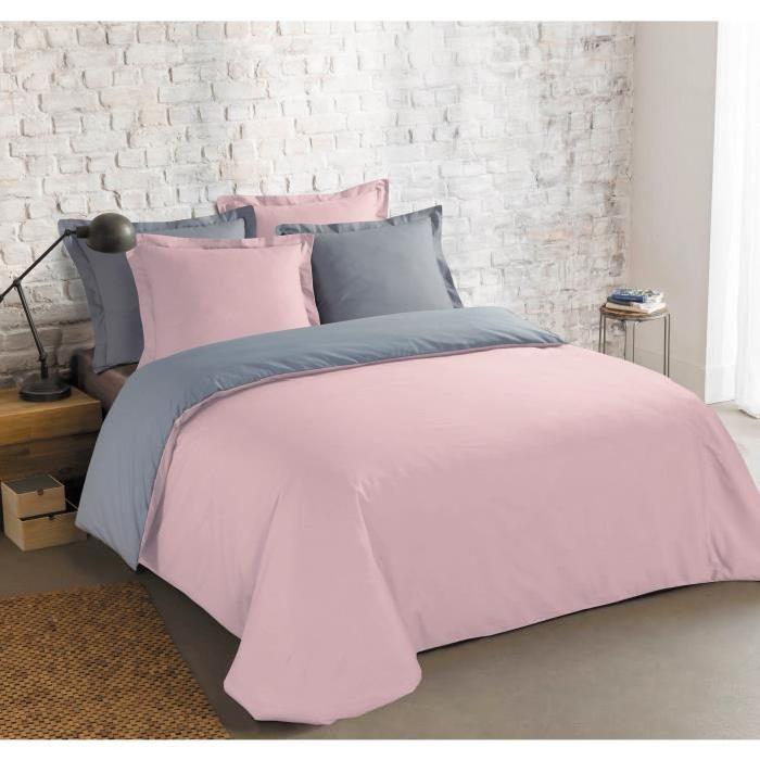 VISION Parure de couette Bicolore 100% coton - 1 housse de couette 220x240 cm + 2 taies 65x65 cm gris et rose