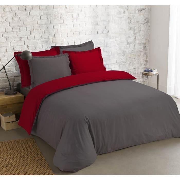 VISION Parure de couette Bicolore 100% coton - 1 housse de couette 240x260 cm + 2 taies 65x65cm anthracite et rouge