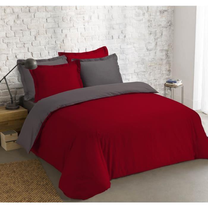 VISION Parure de couette Bicolore 100% coton - 1 housse de couette 240x260 cm + 2 taies 65x65cm anthracite et rouge