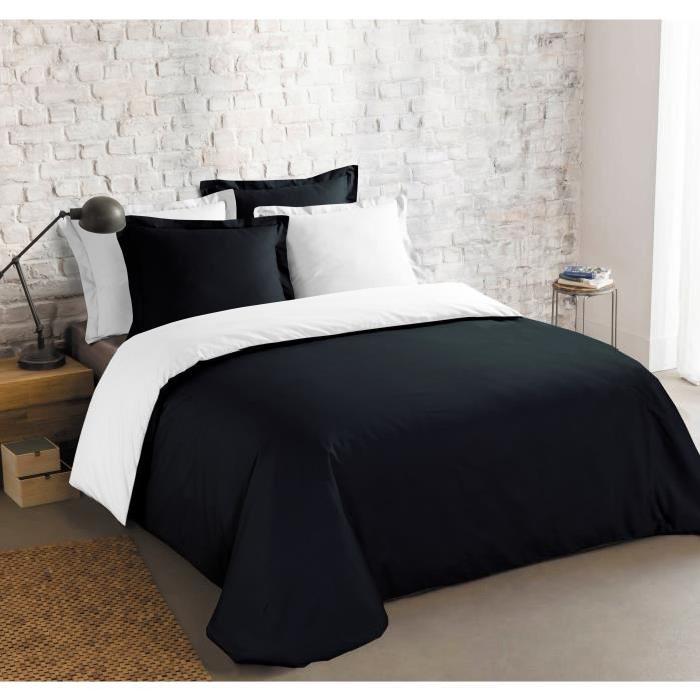 VISION Parure de couette 100% Coton réversible - 1 housse de couette 200x200 cm + 2 taies d'oreillers 65x65 cm noir et blanc