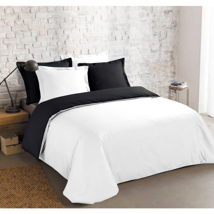 VISION Parure de couette 100% Coton réversible - 1 housse de couette 200x200 cm + 2 taies d'oreillers 65x65 cm noir et blanc