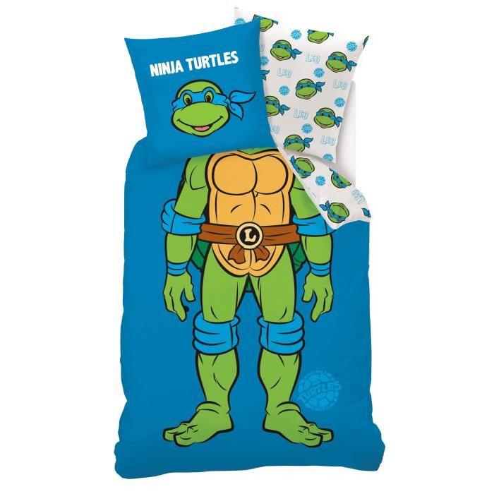 Parure de couette Tortues Ninja 100% coton - 1 housse de couette 140x200 cm + 1 taie d'oreiller 63x63 cm bleu et vert