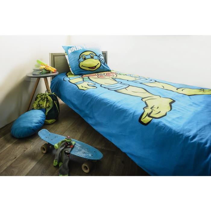 Parure de couette Tortues Ninja 100% coton - 1 housse de couette 140x200 cm + 1 taie d'oreiller 63x63 cm bleu et vert