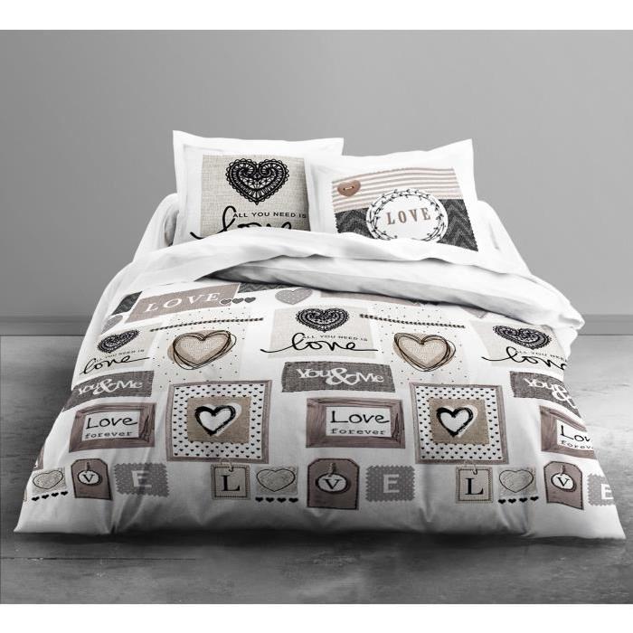 TODAY ENJOY Parure de couette LOVE FOREVER 100% coton - 1 housse de couette 220x240cm + 2 taies 63x63cm blanc, gris et beige