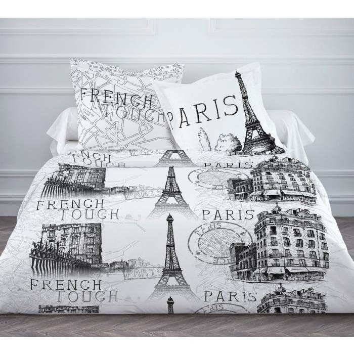 TODAY Parure de couette French Touch 100% coton - 1 housse de couette 220x240 cm + 2 taies d'oreillers 63x63 cm blanc et noir