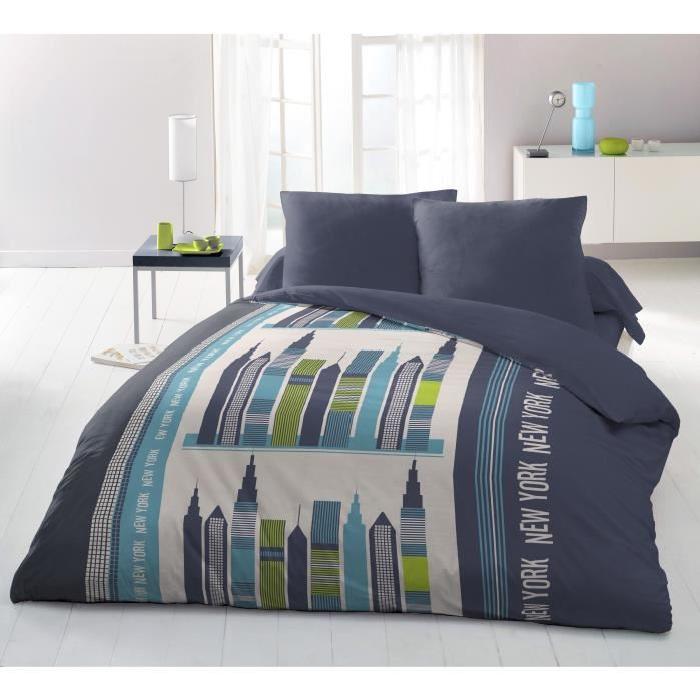 Parure de couette microfibre BUILDING - une housse de couette 220x240cm + 2 taies d'oreillers 63x63cm bleu, vert et blanc