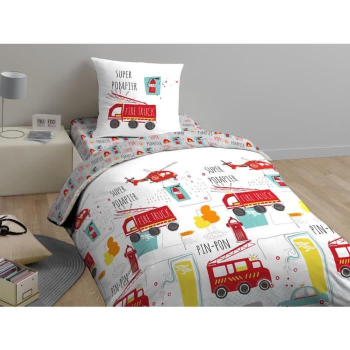 COTE DECO KIDS Fire Truck Housse de Couette 100% Coton - 140x200 cm avec 1 taie 63x63 cm