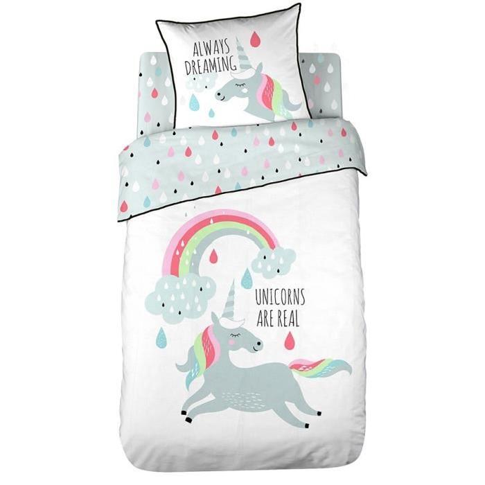 COTE DECO KIDS Licorne Housse de Couette 100% Coton - 140x200 cm avec 1 taie - 63x63 cm