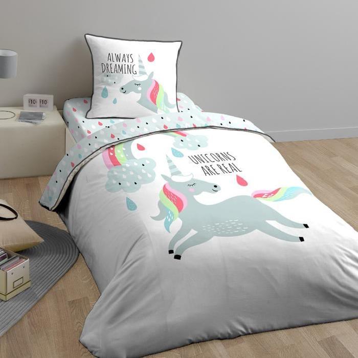 COTE DECO KIDS Licorne Housse de Couette 100% Coton - 140x200 cm avec 1 taie - 63x63 cm