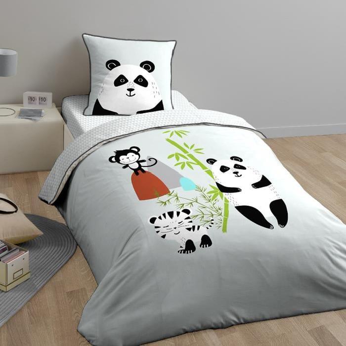 COTE DECO KIDS Panda Housse de Couette 100% Coton - 140x200 cm avec 1 taie 63x63 cm