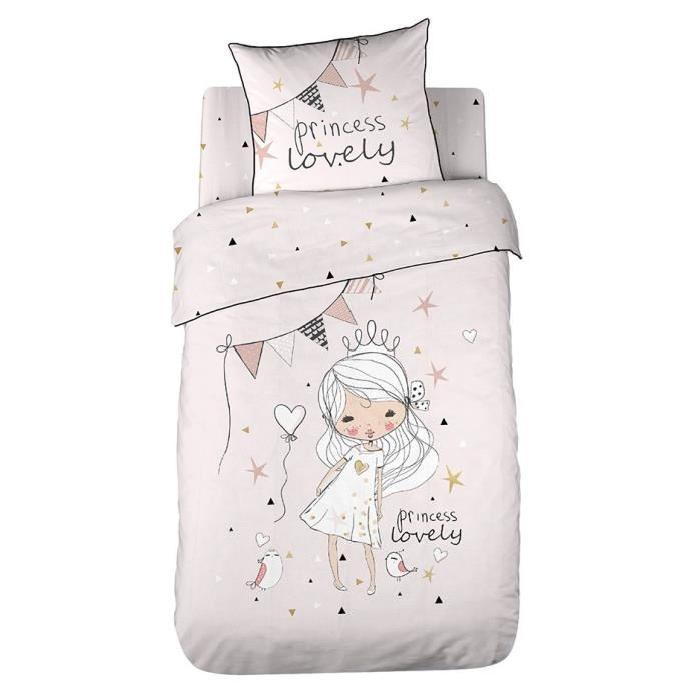 COTE DECO KIDS Love Princess Housse de Couette 100% Coton - 140x200 cm avec 1 taie 63x63 cm