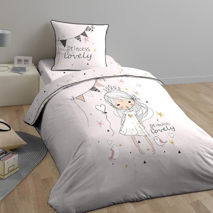 COTE DECO KIDS Love Princess Housse de Couette 100% Coton - 140x200 cm avec 1 taie 63x63 cm