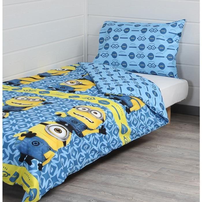 LES MINIONS Parure de couette - 1 housse de couette 140x200 cm + 1 taie d'oreiller 60x70 cm bleu et jaune