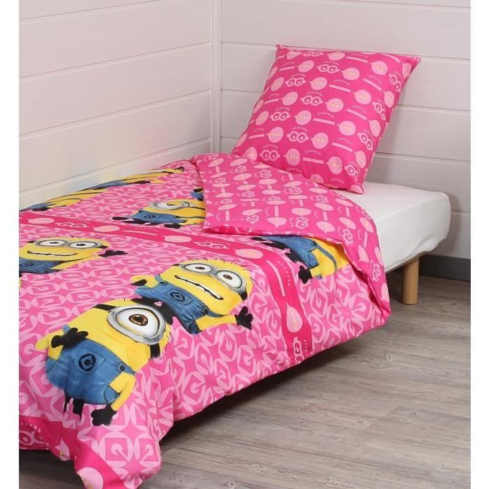 LES MINIONS Parure de couette - 1 housse de couette 140x200 cm + 1 taie d'oreiller 60x70 cm rose