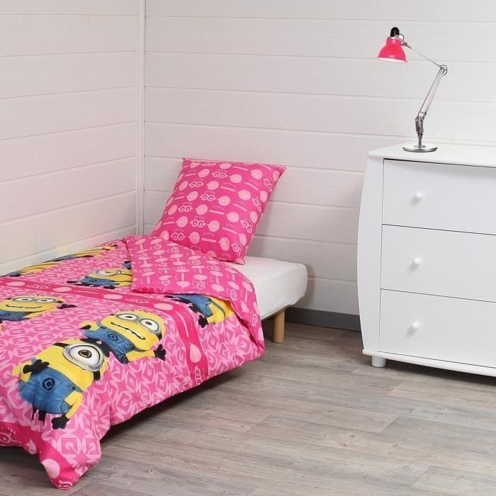 LES MINIONS Parure de couette - 1 housse de couette 140x200 cm + 1 taie d'oreiller 60x70 cm rose