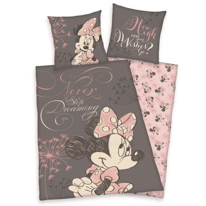 Parure de couette 100% Coton MINNIE MOUSE - 1 housse de couette 140x200 cm + 1 taie d'oreiler 65x65 cm gris et rose