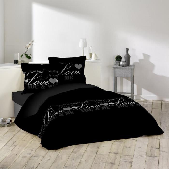 DOUCEUR D'INTERIEUR Parure de couette Love Dreams 100% coton  - 1 housse de couette 220x240 cm + 2 taies 63x63 cm noir