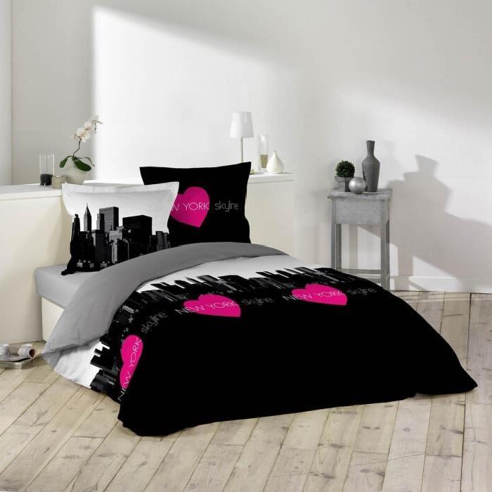 DOUCEUR d'INTERIEUR Parure de couette Skyline - 1 Housse de couette 240x260 cm + 2 Taies d'oreillers noir et rose