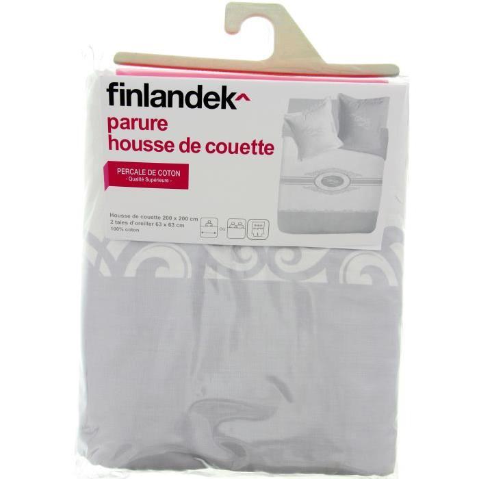 FINLANDEK Parure de couette Cottage 100% coton - 1 housse de couette 200x200 cm + 2 taies d'oreillers 63x63 cm gris et ivoire