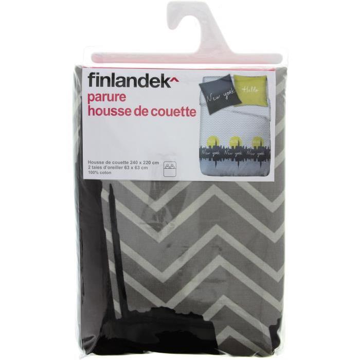 FINLANDEK Parure de couette Hello 100% coton - 1 housse de couette 220x240 cm + 2 taies d'oreillers 63x63 cm gris