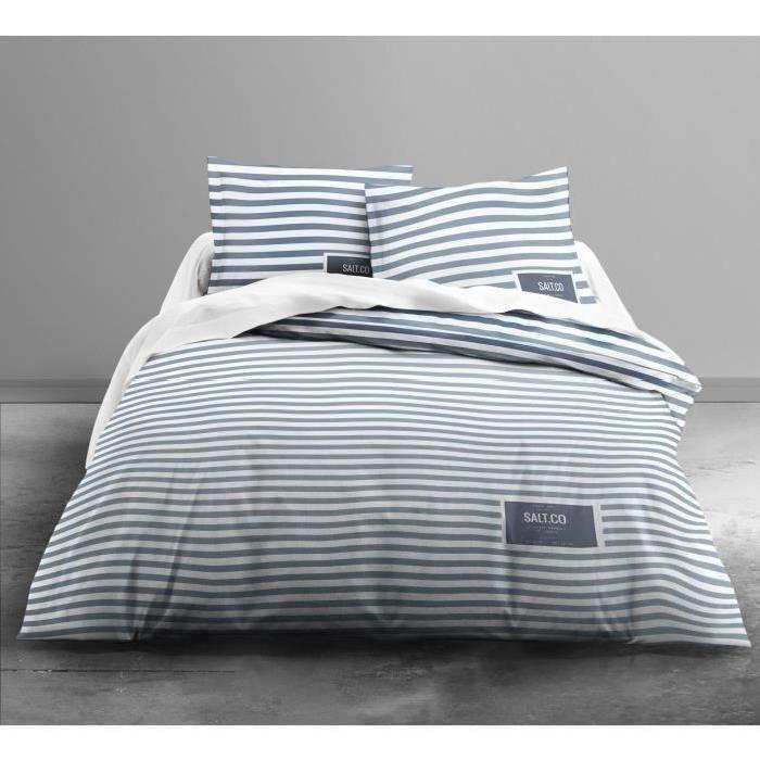 FINLANDEK Parure de couette Leea Salt 100% coton - 1 housse de couette 220x240 cm + 2 taies 63x63 cm bleu et blanc