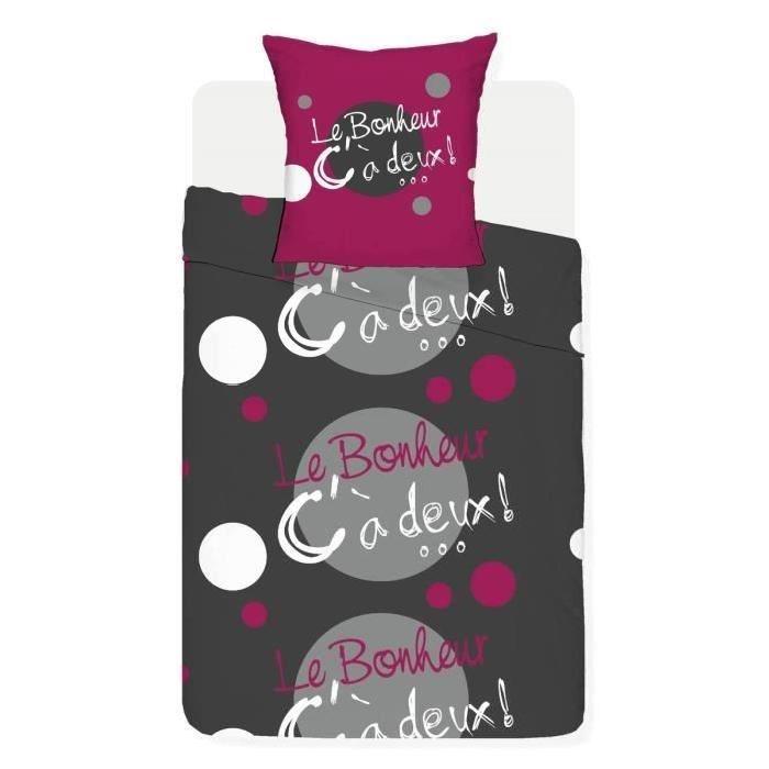 FINLANDEK Parure de couette Elsi 100% coton - 1 housse de couette 140x200 cm + 1 taie d'oreiller 65x65 cm gris et fuchsia