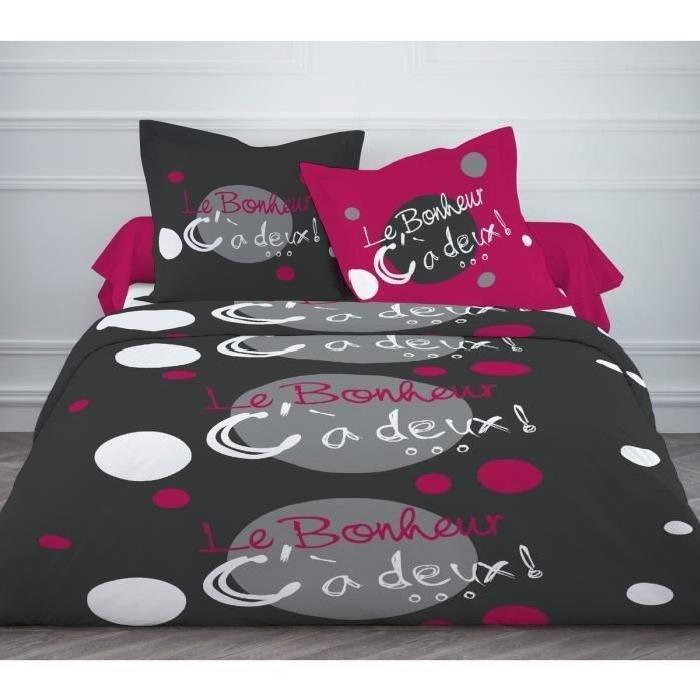 FINLANDEK Parure de couette Elsi 100% coton - 1 housse de couette 140x200 cm + 1 taie d'oreiller 65x65 cm gris et fuchsia